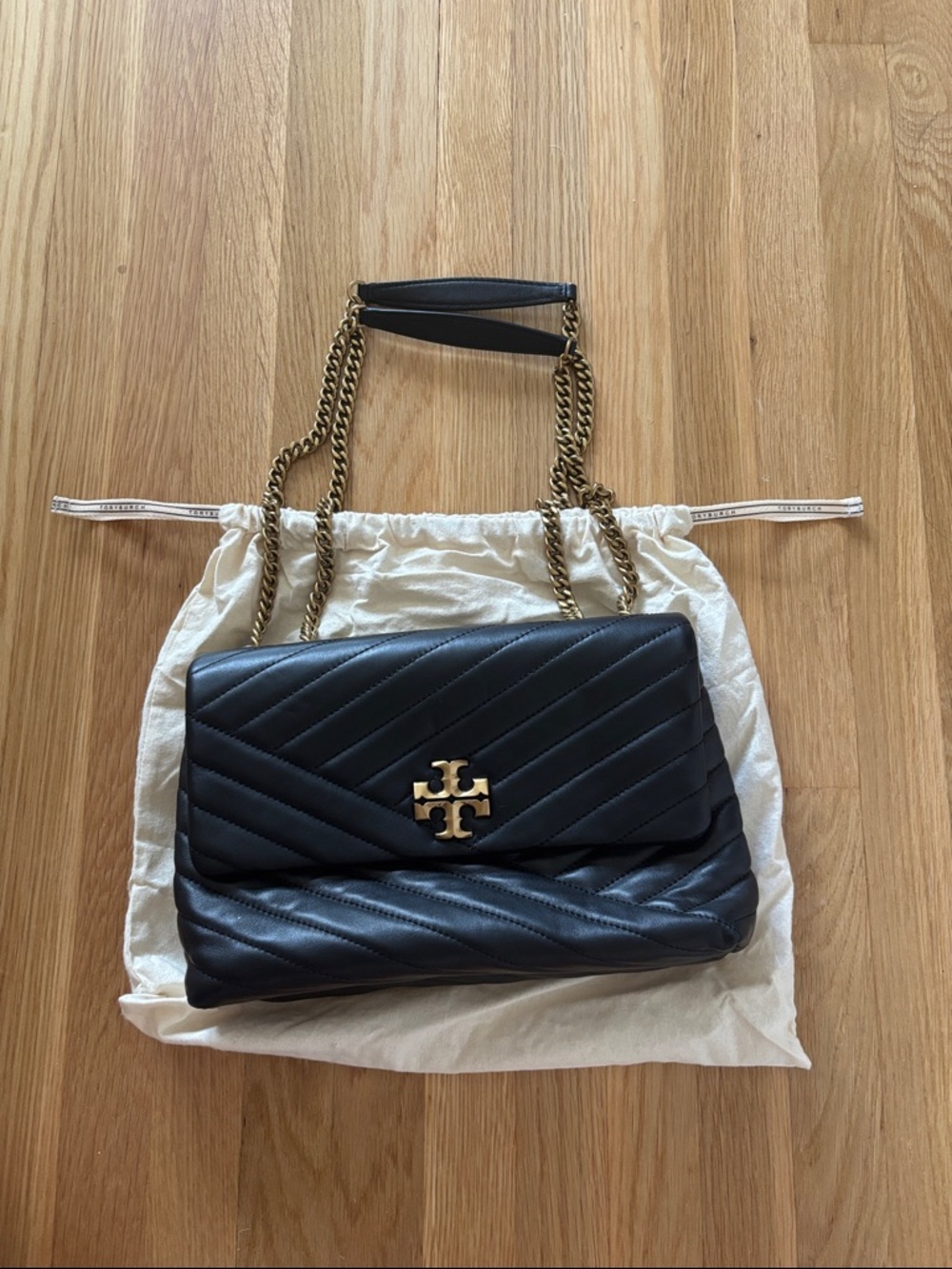 Tory Burch Black Quilted Leather Chain Shoulder Bag with Gold Logo